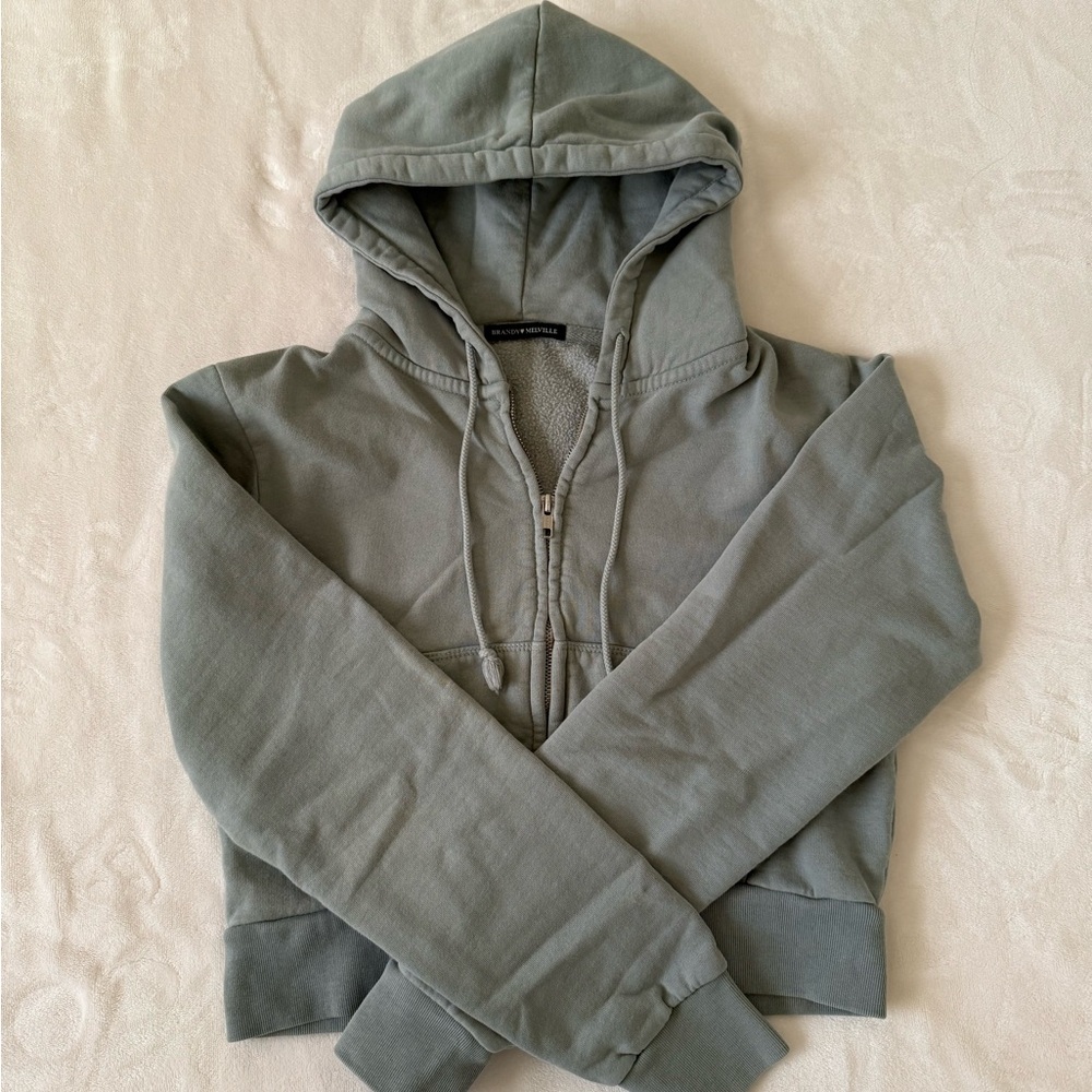 brandy melville sage green crystal cropped zip
up hoodie sweatshirt